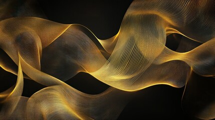 Wall Mural - Luxurious golden line art resembling flowing ribbons on a black background, ideal for refined wall art or fabric.