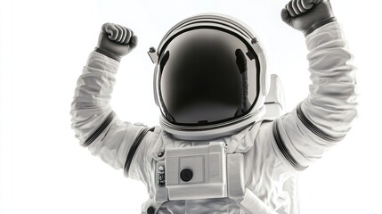 Poster - An astronaut celebrating with raised arms against a white background.