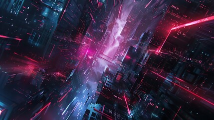 Wall Mural - abstract digital painting of a futuristic city with glowing neon lights, showcasing a dynamic and vi