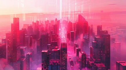 Canvas Print - A futuristic cityscape with pink hues and digital elements, evoking a sense of technology and innovation.