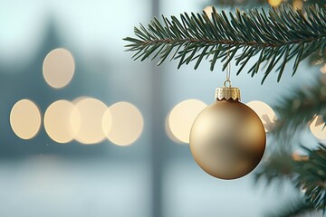 Wall Mural - A gold ornament hangs from a Christmas tree