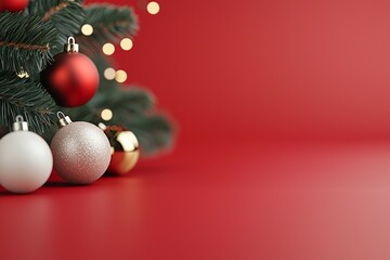 Wall Mural - A red background with a Christmas tree in the foreground