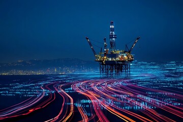 Wall Mural - Night scene of an oil rig with light trails, showcasing industrial activity.