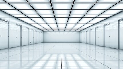  Modern corridor with a sleek design featuring multiple doors and bright fluorescent lighting in a spacious interior