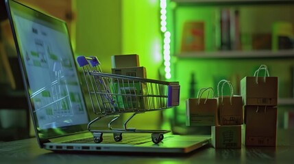 Wall Mural - laptop with focus on shopping cart and small boxes of goods placed near laptop, shot on DSLR shot on DSLR, lime green light