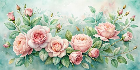  A delicate watercolor painting of pink roses and green foliage on a light blue background