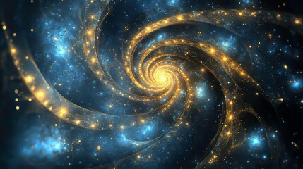 Wall Mural - abstract swirling galaxy with glowing stars in blue and gold.
