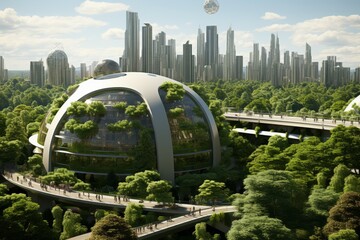 A bustling eco-city showcases modern architecture intertwined with lush greenery. People stroll along walkways surrounded by futuristic structures under a clear blue sky during daylight.