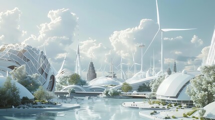 Canvas Print - A futuristic cityscape featuring sleek architecture, renewable energy sources, and a serene waterway.