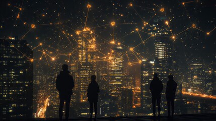Wall Mural - nighttime cityscape with people observing a connected network of glowing nodes representing online c
