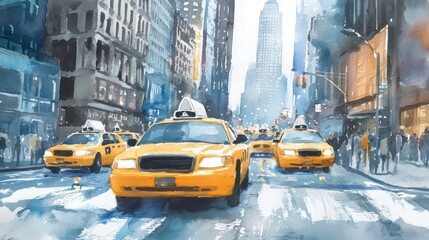 Wall Mural - watercolor painting of yellow cabs on a busy city street with tall buildings in the background.