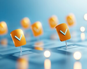 Leinwandbilder - A digital illustration showing orange markers with checkmarks on a soft blue background, symbolizing approval or completion in a tech context.