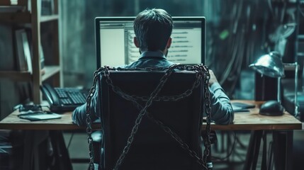 A man chained to his desk, working late at night, surrounded by computer equipment.