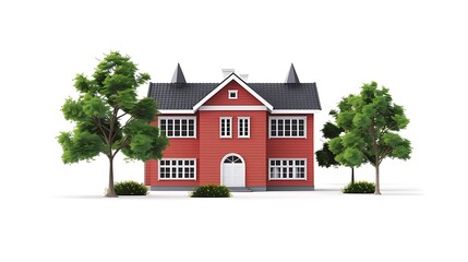 Canvas Print - A charming red house surrounded by trees and flowers, showcasing a welcoming architectural design.