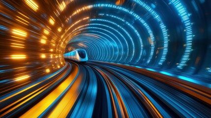 Wall Mural - high speed futuristic train soaring through illuminated digital tunnel representing the rapid progre