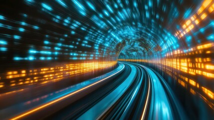 Wall Mural - high speed futuristic train soaring through illuminated digital tunnel representing the rapid progre