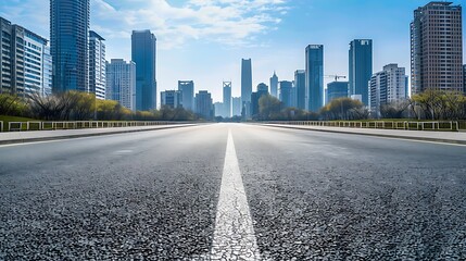 Canvas Print - A wide road leading into a modern city skyline under a clear blue sky.