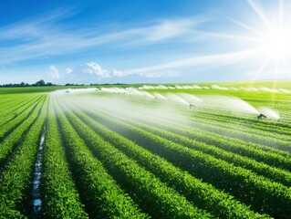 Irrigated fields under a bright sky promoting healthy crops.