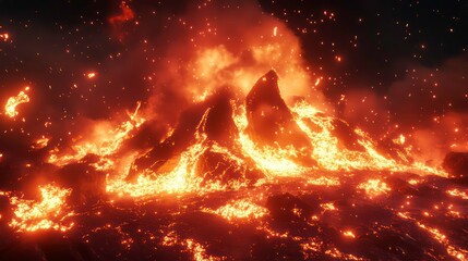 Wall Mural - Glowing molten rock erupting amidst a dramatic fiery storm in a cosmic night sky landscape Intense flames scorching heat and explosive energy fill the scene creating an apocalyptic