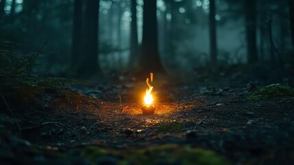 Wall Mural - Glowing Lighter Burning Bright in Moody Forest Landscape Sparking Imagination and Adventure Cozy Campfire Vibes in Rustic Outdoor Setting