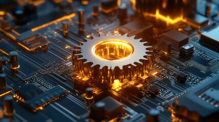 Wall Mural - glowing gear wheel spinning on circuit board backdrop high tech mechanical engineering concept indus