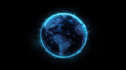 Wall Mural - a glowing blue digital globe with a mesh network of lines and dots, against a black background.