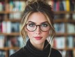 © Leo Rohmann - Portrait of a young woman with glasses in a library representing scholarly focus academic motivation and intellectual elegance in a warm literary environment