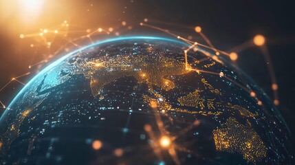 Wall Mural - a digital rendering of the earth at night, illuminated by city lights and connected by lines of data