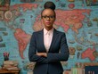© Leo - Professional woman standing confidently in front of a world map symbolizing leadership global perspective and intellectual authority in an academic or corporate context