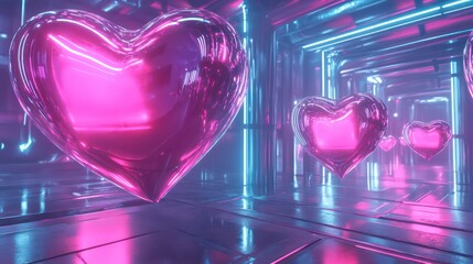 Wall Mural - a glowing pink heart floats in a futuristic blue and pink neon hallway.