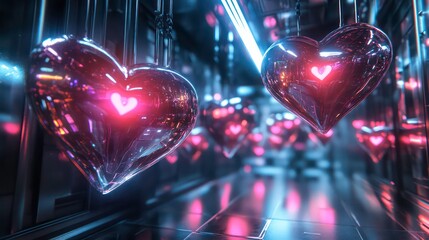 Wall Mural - neon heart-shaped orbs hang from chains in a futuristic hallway, glowing with pink light.