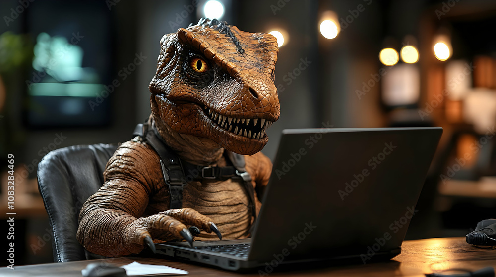 Dinosaur Working on Laptop - Illustration Stock Illustration | Adobe Stock