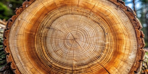 Close-up of the intricate concentric rings and radial cracks of a tree trunk cross-section, revealing the unique story of its growth