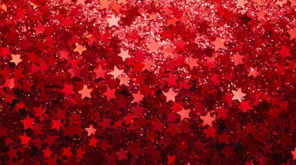 Wall Mural - red holographic glitter confetti stars on a vibrant red background, flat lay top view with copy spac