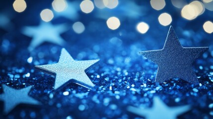 Wall Mural - festive new year background with sparkling blue texture and star-shaped glitter, creating a magical 