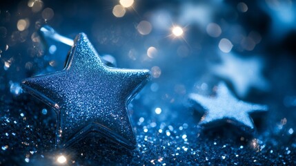 Wall Mural - festive new year background with sparkling blue texture and star-shaped glitter, creating a magical 