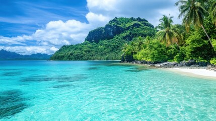 Poster - A stunning view of an island in a crystal-clear turquoise lagoon, with white sandy beaches and lush tropical vegetation, Island lagoon scene