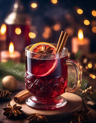 Wall Mural - A steaming mug of mulled wine with cinnamon sticks and star anise, surrounded by festive decorations