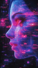 Poster - Cybernetic Profile of a Woman with Neon Digital Interface and Futuristic Elements : Generative AI