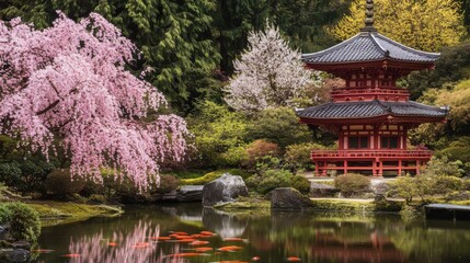 Wall Mural - A tranquil view of a Japanese garden with a traditional pagoda, koi pond, and cherry blossoms in full bloom