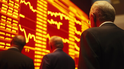 Poster - Stockbrokers observing decreasing stock market data on a big display