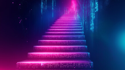 Fototapete - Futuristic data stream forming a stairway to artificial intelligence is made of binary code