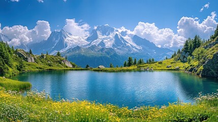 Wall Mural - Summer panorama of mountain lake with snowy peaks, beauty of majestic mountains. Mountain serenity. nature