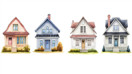Poster - Four watercolor houses representing suburban living and homeownership