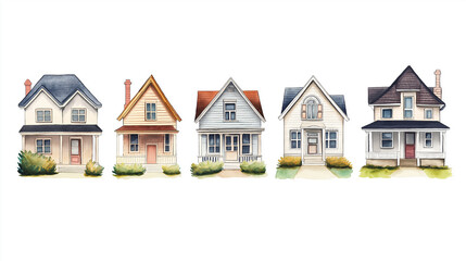 Poster - Five charming watercolor houses representing different architectural styles