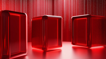Poster - Three red glass cubes stand on red surface with red backdrop
