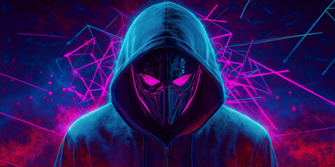 Aufkleber - Cyberpunk hacker wearing hoodie and futuristic mask with glowing eyes
