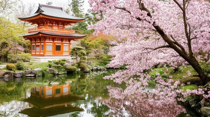 Wall Mural - An enchanting view of a serene Japanese pagoda beside a reflective koi pond, with cherry blossoms in full bloom, Japanese pagoda scene