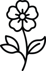 Wall Mural - Simple flower outline with leaves icon, Minimalistic black and white outline of a flower with five rounded petals, a central stem, and two simple leaves in a clean design.

