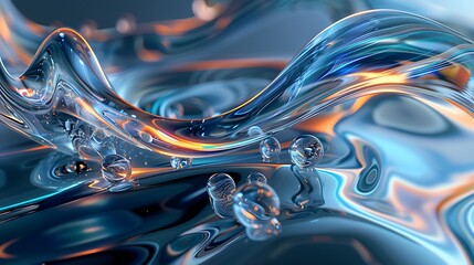 Wall Mural - abstract image of a liquid surface with waves and drops, rendered in a 3d style with glossy and irid